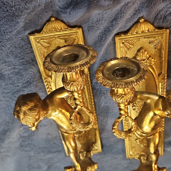 Lancini Italian Antique Brass Cherub Wall Sconce Candle Holders - Picture 8 of 11